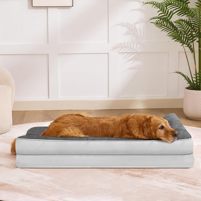 Orthopedic Dog Bed for Medium Size Dog, 36"x27", Grey Flannel | Waterproof, Washable Cover, L-Shaped Pet Couch, Egg-Crate Foam for Pressure Relief, Portable Handle