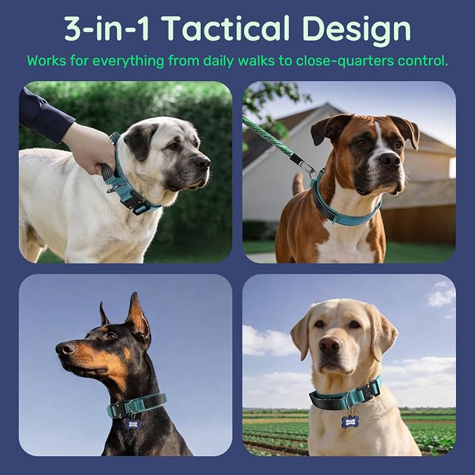 Premium Tactical Dog Collar - Adjustable Military Heavy Duty Dog Collar for Medium Large Dogs - Durable Metal Buckle Dog Collar with Leather Control Handle and Soft Comfortable Padding