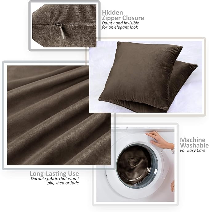 Throw Pillow Inserts Pack of 2 with Velvet Soft Solid Decorative Square Throw Pillow Covers Set for Sofa Couch Car Bedroom, 22X22 Throw Pillows Inserts with 20x20 Washable Cushion Covers, Dark Brown