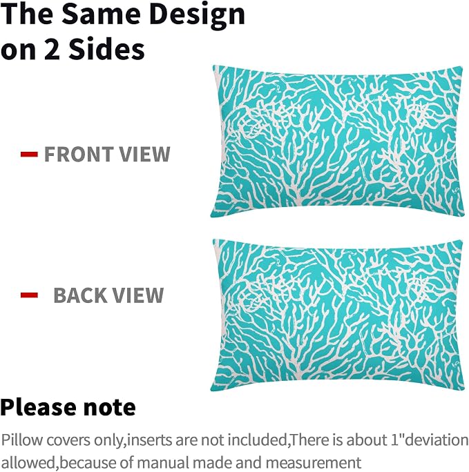 Nautical Coastal Coral Lumbar Pillow Covers 12x20 Inch Set of 2 Summer Ocean Beach Aqua Teal Decorative Pillow Cases Outdoor Linen Cushion Cover Farmhouse Decor for Bedroom Home Sofa Couch Bed