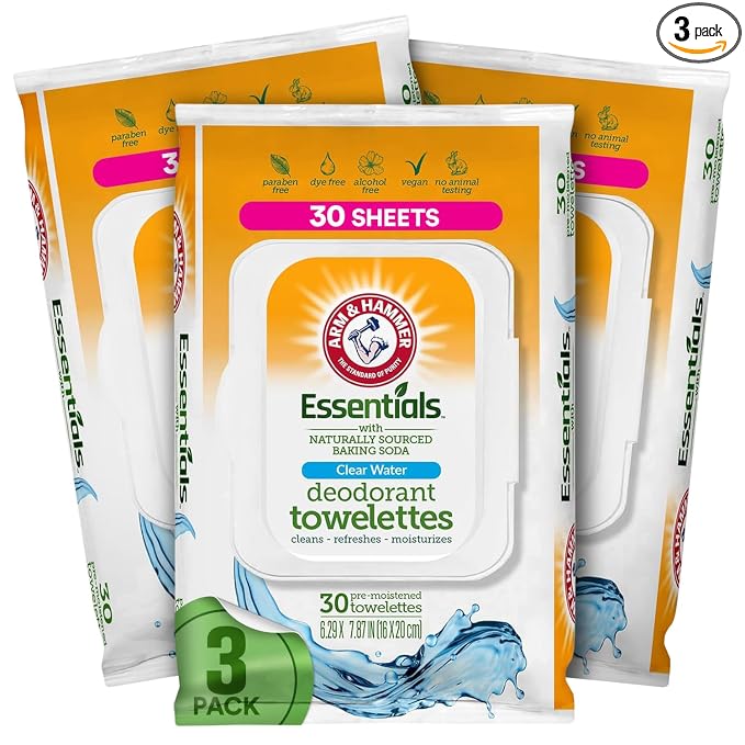 Arm and Hammer 3 Pack Face and Body Wipes for Adults - Deodorant Towelettes 90 Sheets for Women - Shower Wipes for Traveling, Camping, Gym, and Bathing - Alcohol-Free Face Sheets (Clear Water)