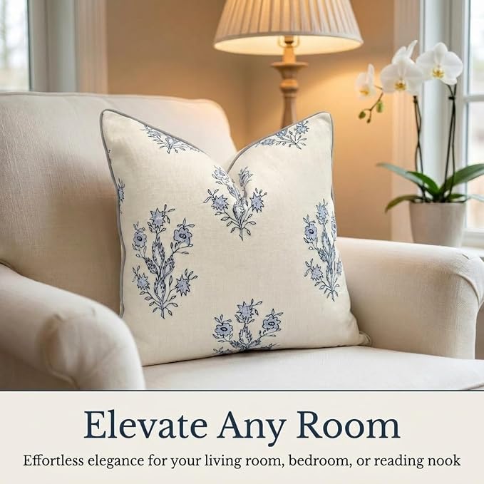 “The Mary” Blue and White Decorative Throw Pillow Cover – Floral Block Print Pillow Cover – Grandmillennial Home Decor, 19" x 19"