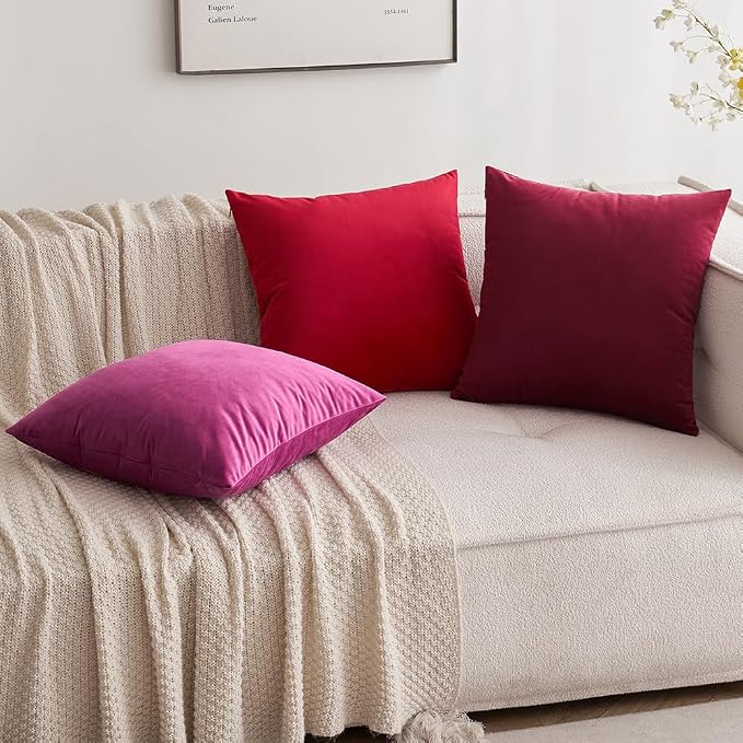 MIULEE 24x24 Inch Pack of 2 Euro Velvet Throw Pillow Covers Wine Red | Soft Solid Decorative Euro Sham, Modern Luxury Home Decor, for King Bed Sofa Couch Bedroom Livingroom