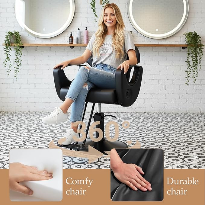 Black Salon Chair for Hair Stylist, Professional Barber Chairs Barbershop Hair Stylist Chair w/Heavy Duty Hydraulic Pump, 360° Braiding Styling Hairdresser Chairs for Spa Home Euipment, Matte Black