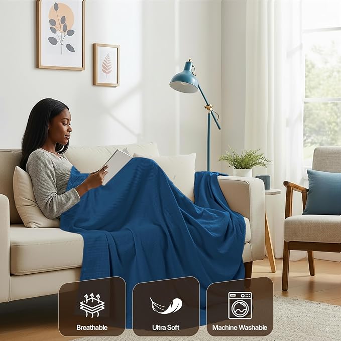 Utopia Bedding Cotton Blend Navy Waffle Blanket Queen - 90x90 Inches | Lightweight, Skin Friendly, Breathable, All Season, Luxury, Bed, Couch, Sofa
