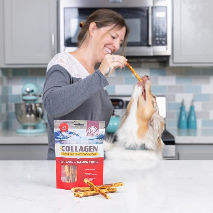 Wild Eats Real Salmon Collagen Bully Sticks for Dogs, 15 Count, 1cm Thick | Long lasting chew treats, satisfies natural gnawing urges, keeps pups busy and engaged, suits small, medium and big breeds