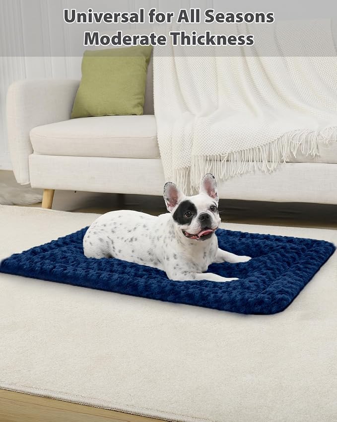 Exsnugy Washable Dog Bed Mat Medium Size Fluffy Pet Crate Pad 30x19 | Non-Slip Bottom Kennel Beds Ultra Soft Comfy Sleeping Mattress for Large Medium Small Dogs Blue