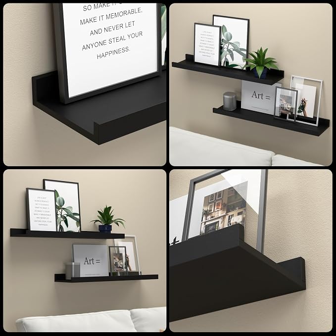 RICHER HOUSE 3-Set Floating Shelves with Lip, Black Small Wall Shelf, 16In | Display Picture Ledge Shelf, Anti-drop lip Shelf for Room Wall Decor, Bedroom Bathroom Storage Nursery Books, Easy Setup,Wood