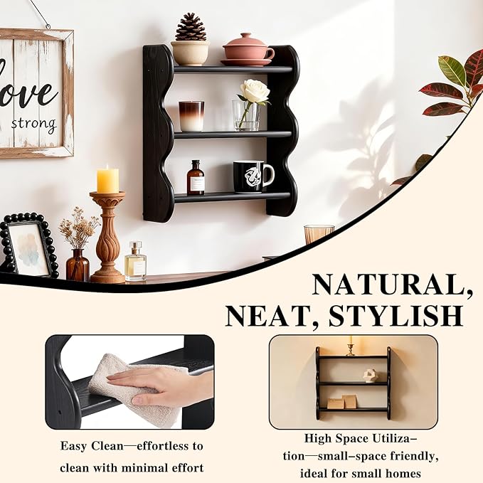 100% Solid Wood Floating Shelf, Vintage Wall Shelves Wall Mounted Storage Rack 3-Tier, Farmhouse Decor Hanging Shelf Display Shelves for Apartment, Living Room and Bedroom