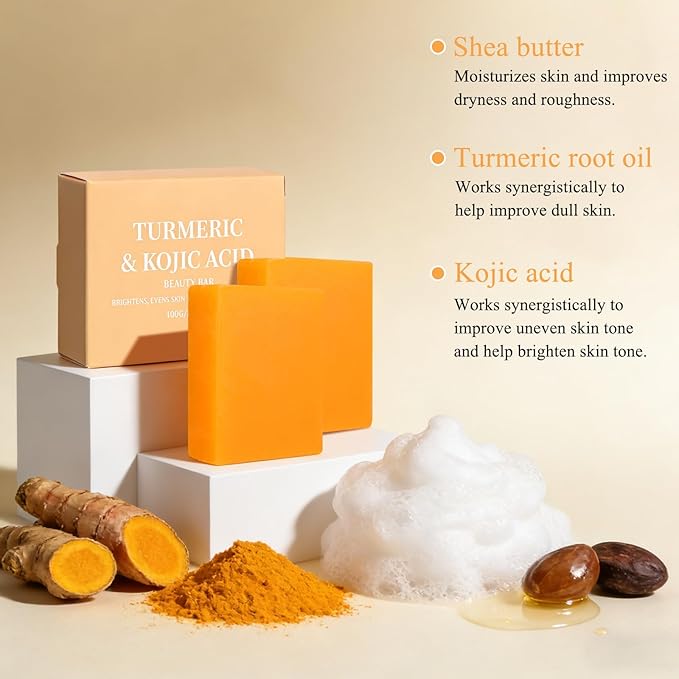 Turmeric Kojic Acid Soap for Dark Spots with Turmeric, Vitamin C & Shea Butter, Brightening Face & Body Wash, Even Tone Skin Cleanser for Hyperpigmentation & Inner Thighs, 2 Pack