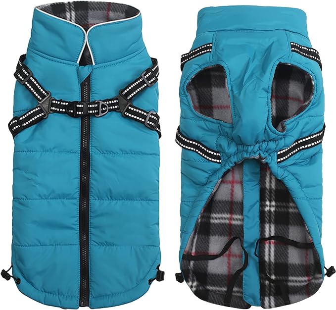 Geyecete Waterproof Dog Jacket with Harness, Traction Belt - Pet Outdoor Jacket for Small, Medium Dogs - Blue