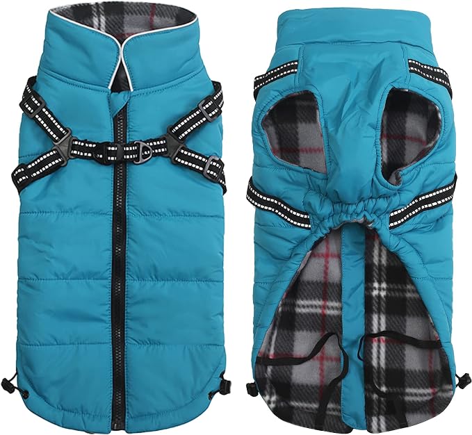 Geyecete Winter Warm Coat Waterproof Jacket with Harness Traction Belt,Pet Outdoor Jacket for Medium, Small Dogs - Blue