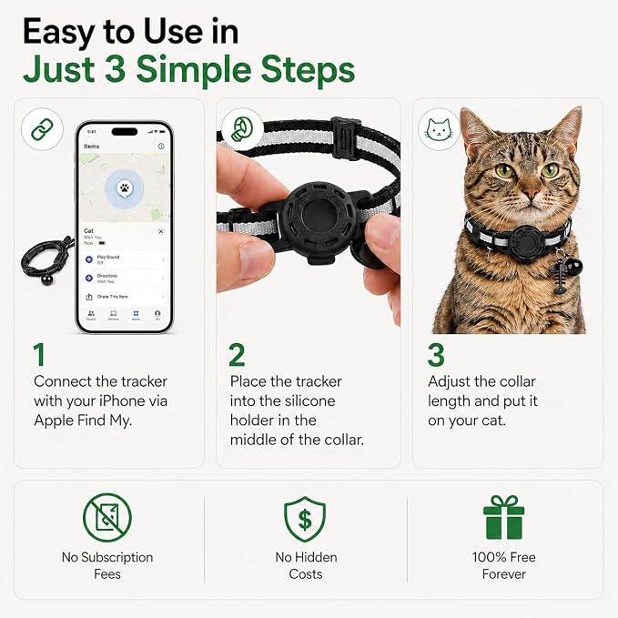 Cat GPS Tracker Collar, Pet Tracker for Cats (iOS Only), Waterproof Smart Tag Compatible with Apple Find My, No Monthly Fee, Tracking Collar for Small Large Cats (Tracker for cat)