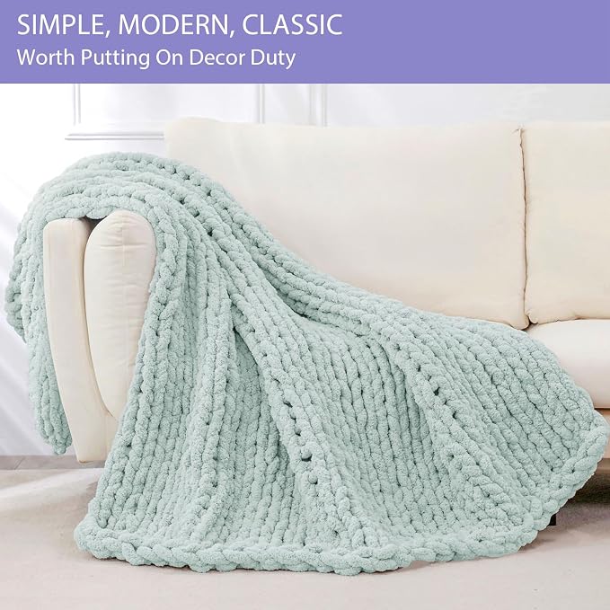Bigacogo Chunky Knit Throw Blanket for Couch, 51x63 inches, Mint | Hand Knit with Jumbo Chenille, Soft Breathable Cable Knit for Sofa Bed Living Room, Machine Washable, Gift for Mom Friend