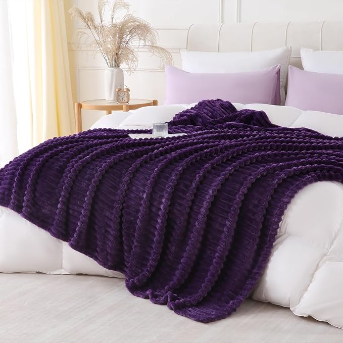 Deep Purple Throw Blanket for Couch Sofa 50x60 inches Striped Design | Fleece Blankets Room Home Decor Lightweight Plush Soft Cozy Gifts for Women Mom