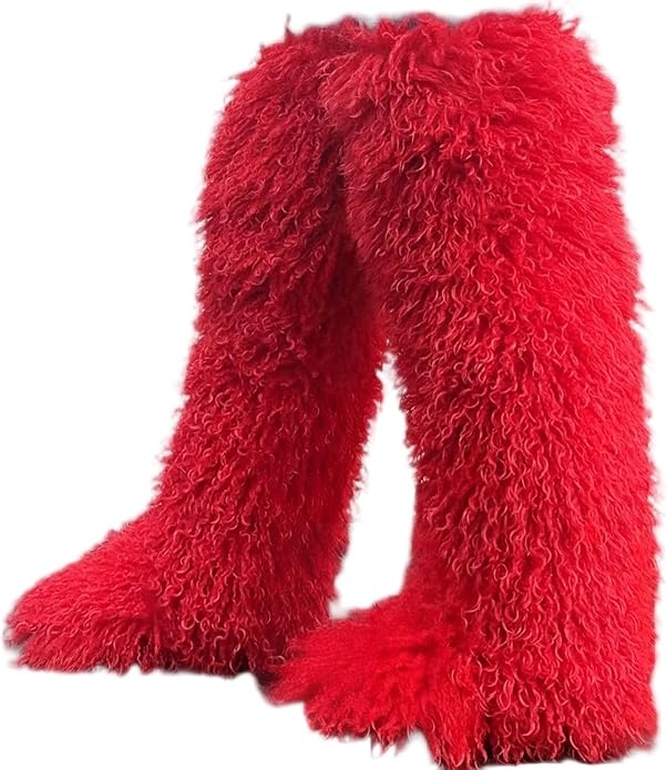 SWEETHEART BEAUTY Thigh High Shagy Teddy Fur Boots, 29 Inch Over the Knee Length Fluffy High Boots, Tall Furry Shoes For Women