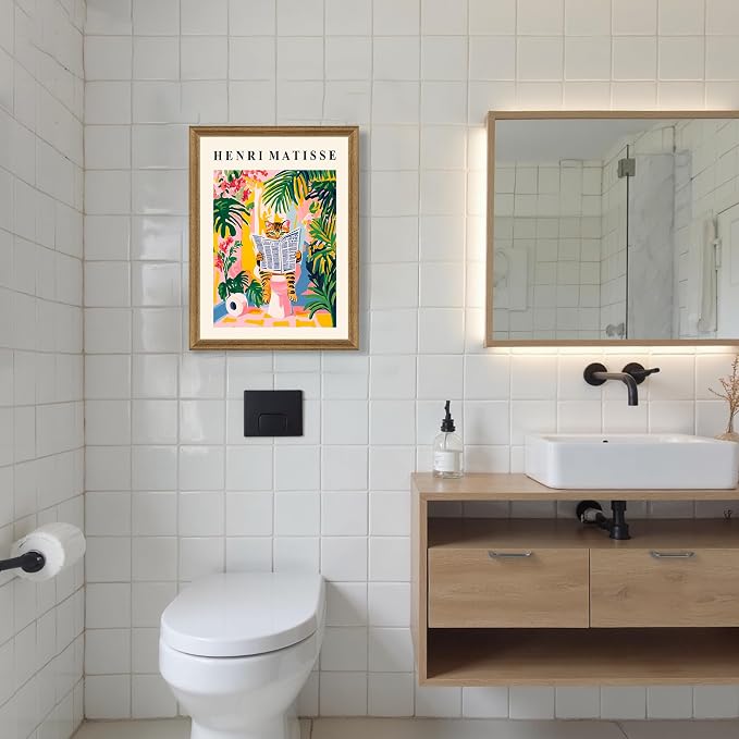 ICHZUMW Framed Funny Tabby Cat Matisse Canvas Bathroom Wall Art, 16x24 In | Humorous Cat Reading on Toilet, Girly Pink Dopamine Bathroom Wall Decor, Restroom Powder Room, Fade Resistant, Ready to Hang