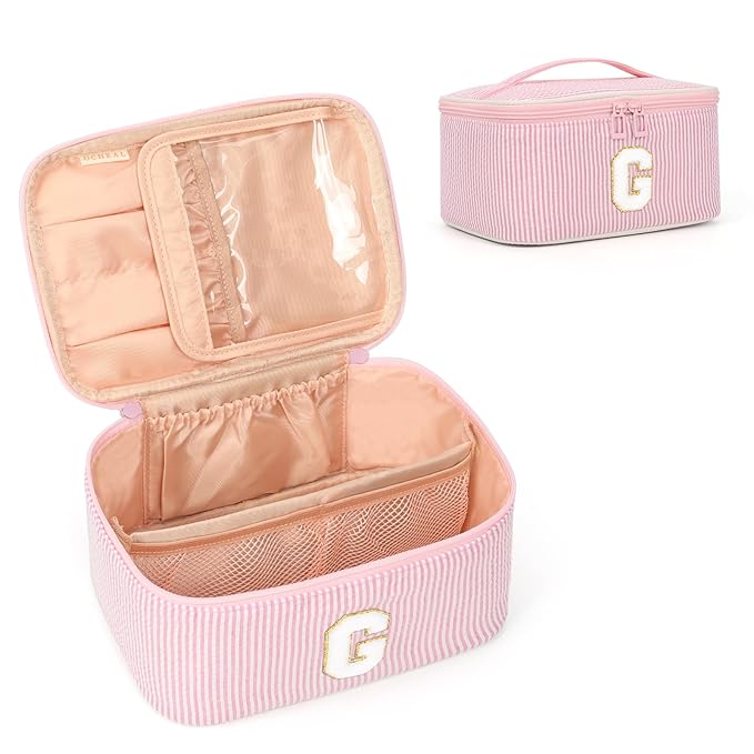 OCHEAL Makeup Bag Valentines Day Gifts for Women, Monogram Cosmetic Bag Pink Travel Makeup Case Beauty Toiletry Bag Organizer Personalized Gifts for Girls Bridesmaid, Sister, Wife, Friends Initial G