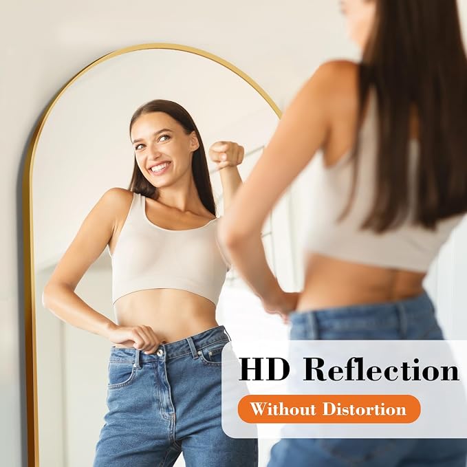 DUMOS 64"x21" Arched Full Length Floor Mirror, Full Body Mirror, Gold | Shatterproof Tempered Glass, Modern Aluminum Alloy Frame, Free Standing or Leaning for Home Decor