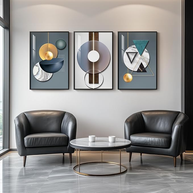 Large Framed Modern Luxury Abstract Wall Art, 3 Piece Blue-Green Prints Paintings Artwork for Walls, Bright Style Geometric Pictures for Living Room Dining Room Bedroom Office Total 30x60 In