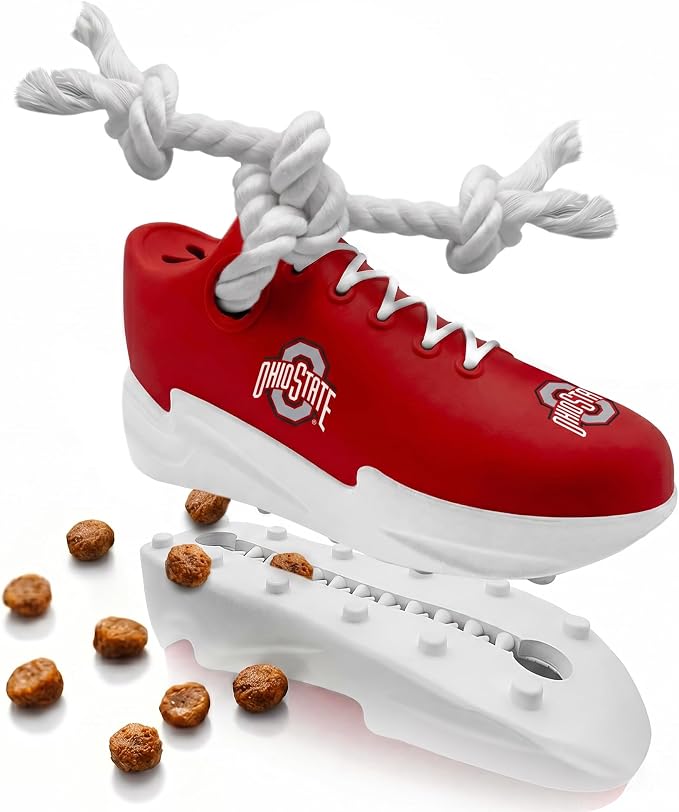 NCAA Ohio State Buckeyes Cleat Sneaker Spike Dog Toy, Treat Dispenser Chew Toy for Dogs, Interactive Rope Tug Toy, Slow Feeder Natural Rubber Dog Toy with Official Team Logo for Puppies & Adult Dogs