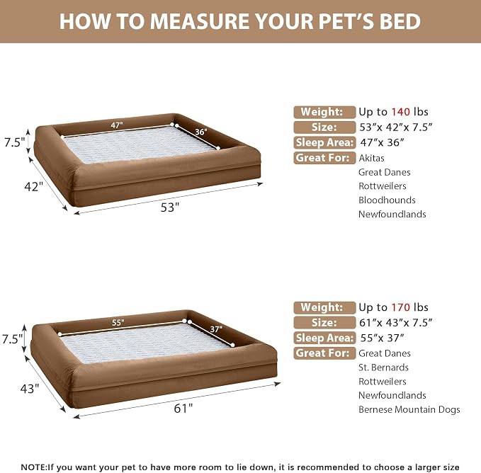 WNPETHOME XXXL Big Large Orthopedic for Senior Dog Bed Comfy Sleeping | Washable Waterproof Dog Couch with Removable Cover, Large Pet Sofa Bed with Bolster Sides for Relaxing Brown 53x42 Inch