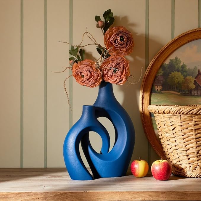 Snuggle Hollow Ceramic Vase Set of 2, 11 inch Modern Nordic Coastal Shaped Pampas Grass Aesthetic Decorative Table Vases for Living Room Shelf Home Decor (Matte Navy Blue -L)