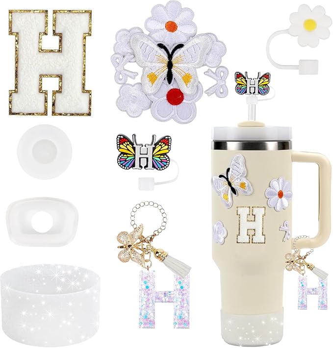 15PCS Cup Accessories Set for Stanley Cup 30oz 40oz Tumbler with Handle, Including Silicone Straw Cover and Boot, Spill Proof Stopper, Stanley Charms, Handle Charm, Initials Sticker