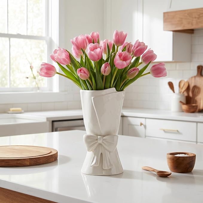 Relexome Fully Glazed White Ceramic Bow Vase 9.64 in Unique Cute Modern Decorative Bouquet Flower Vases for Home Living Room Table Summer Decor Women Gifts