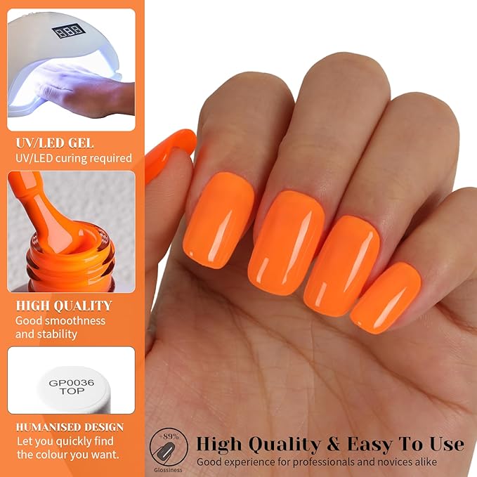 Orange Neon Gel Polish,15ml UV/LED Soak Off Bright Orange Gel Nail Polish Kit for Manicure Salon or DIY Nail Art at Home,Summer Holiday Color Gel - GP0085
