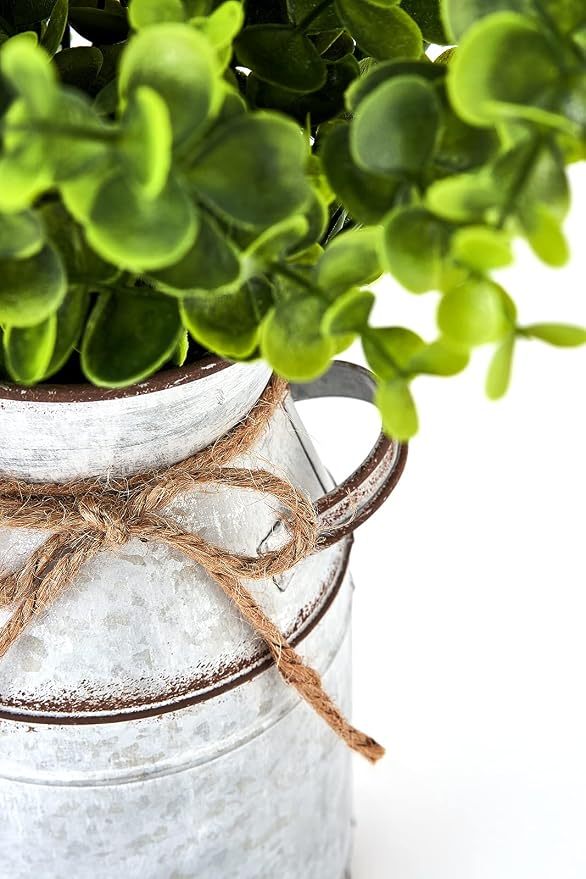 Dahey Metal Flower Vase with Artificial Eucalyptus Farmhouse Decor Rustic Shabby Chic Milk Can Galvanized Jug Planter Fake Plants in Decorative Tin Vase for Table Centerpieces Bedroom Kitchen Decor