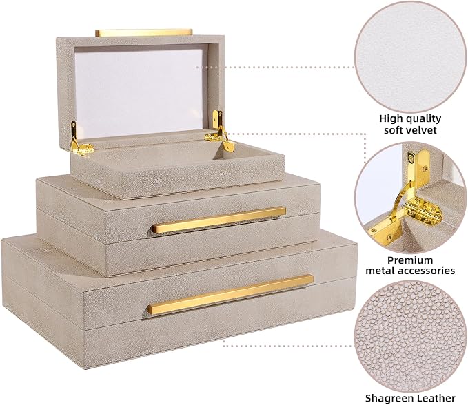 Decorative Boxes, shagreen box, Set of 3 Decorative Storage Boxes with Lids, Faux Shagreen Nesting Decorative Box for Home Decor, Bridal Trunk, Jewelry Keepsake Storage Boxes (Ivory 2)