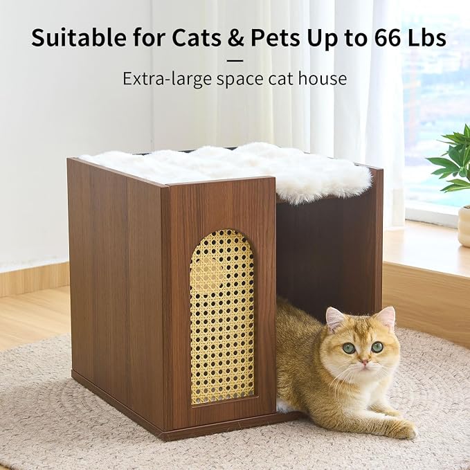 Wooden Indoor Cat House Suitable for Pets Under 66 Lbs, for Large Cats, Sturdy & Durable Semi-Enclosed Cat Bed Condo with Removable Washable Plush Cushion,Easy Video Assembly