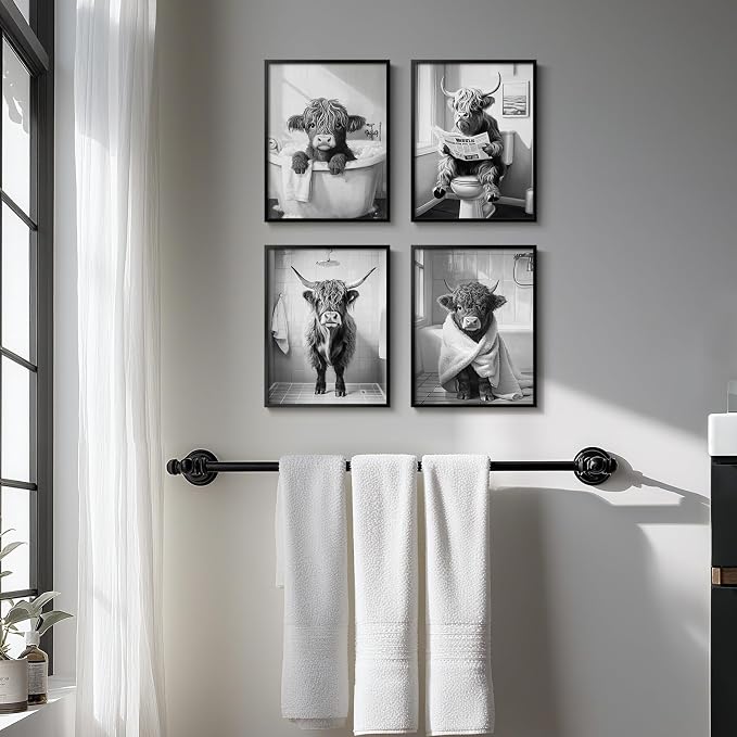 Framed Funny Highland Cow Bathroom Wall Art, 4 Piece Black and White Canvas Painting Prints, Fun Western Cow on Toilet in Bathtub Picture for Western Rustic Farmhouse Bathroom Home Decor, 11x14 Inch