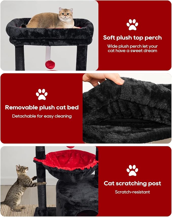 SYANDLVY Gothic Cat Tree with Coffin Bed for Indoor Cats, Modern House | Small Activity Tower with Scratching Post, Condo & Cradle, Kittens Cave, Black & Red