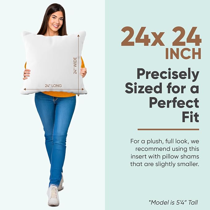 Pillowflex Synthetic Down Pillow Insert 24x24 in - Karate Chop Pillow | Set of 2 - Large Euro Square Sham Form, Plush Polyester Cotton Blend, Cloud-Like Comfort, Clump-Resistant Fill, Smooth Finish