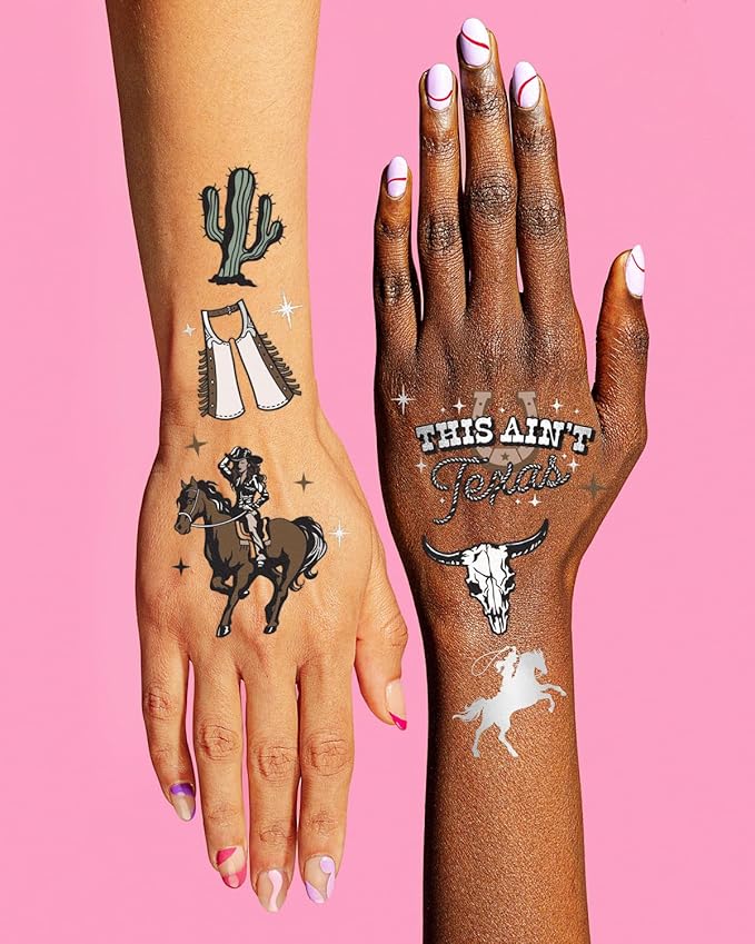 xo, Fetti Western Birthday Party Temporary Tattoos - 50 Silver Foil Pcs | Birthday Girl Accessory, Rodeo Cowgirl Bachelorette Party Decorations, Hoedown Accessory, Country Theme Party Supplies