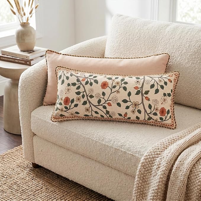 Designer Elegant Linen Throw Pillow Cover,Set of 2,28"x12"-Flora A | French Rectangle Decor Pillow Cover,Concealed Zipper Design,Floral Pattern,Sofa,Bedroom,Living Room,Lounge Chairs