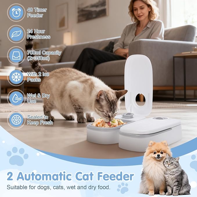 Automatic Cat Feeder, 2 Automatic Cat Feeder Wet Food, 48h Timed 700ml Cats Food Dispenser with 2 Ice Packs, Pet Feeder Automatics for Puppies and Kittens, Dog Feeders Automatics for Wet and Dry Foods