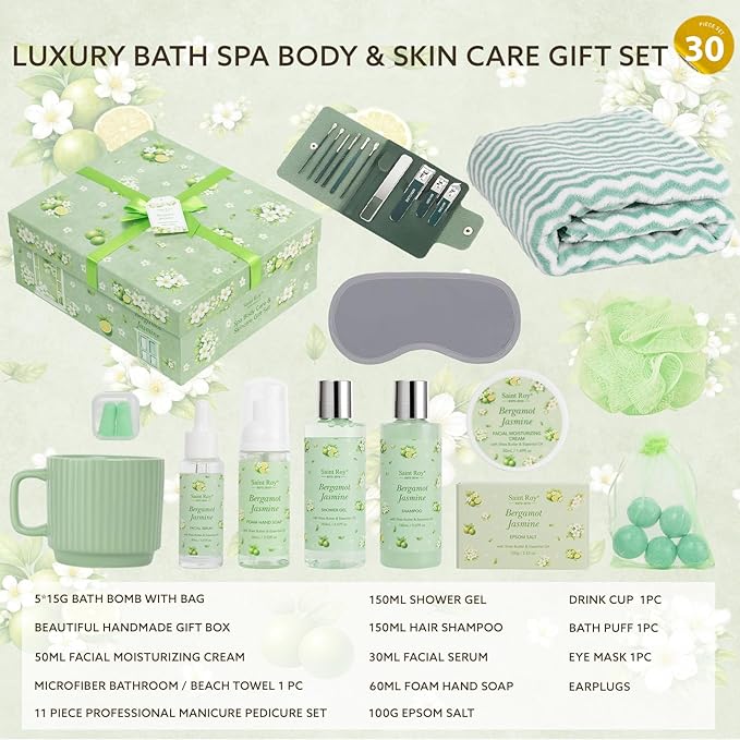 30 Pcs Spa Gifts for Women & Men, Bergamot Jasmine Bath & Body Gift Basket, Self-Care Relaxation Set, Face Skin Care Kit, Home Spa Gift, Birthday, Christmas, Mother's Day, Anniversary, Cup spa kit