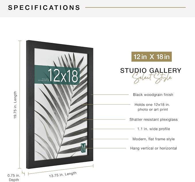 MCS Studio Gallery 12x18 Picture Frame Black Woodgrain Engineered Wood, Rectangle Photo Frame for Photos, Posters & Art Prints (1-Pack)