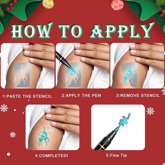 Christmas Temporary Tattoo Markers for Skin, 8 Metal Body Markers + 229 Temporary Tattoo Stencils for Kids Adult, Flexible Brush Tip, Bright Colors, Cosmetic-Grade Tattoo Ink for Girl Boy Party Favor