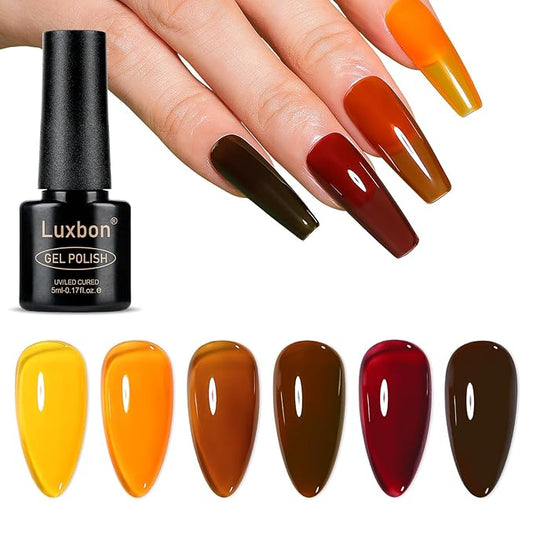 Luxbon 6 pcs Jelly Gel Nail Polish Set - Fall Color Set Long Lasting Autumn Gel Polish, uv led Soak Off Nail Art Designs Manicure Kit 020