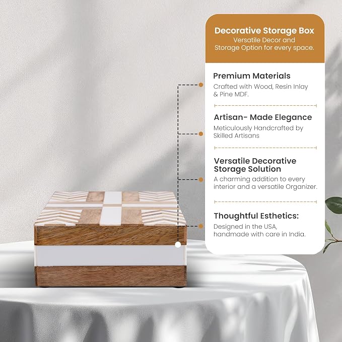 Handicrafts Home White Decorative Storage Box with Lid Wood Remote Control Box Coffee Table Storage Box Remote Holder for Living Room Decor – Resin Inlay Patisserie Adorn Collection- 8x5x2