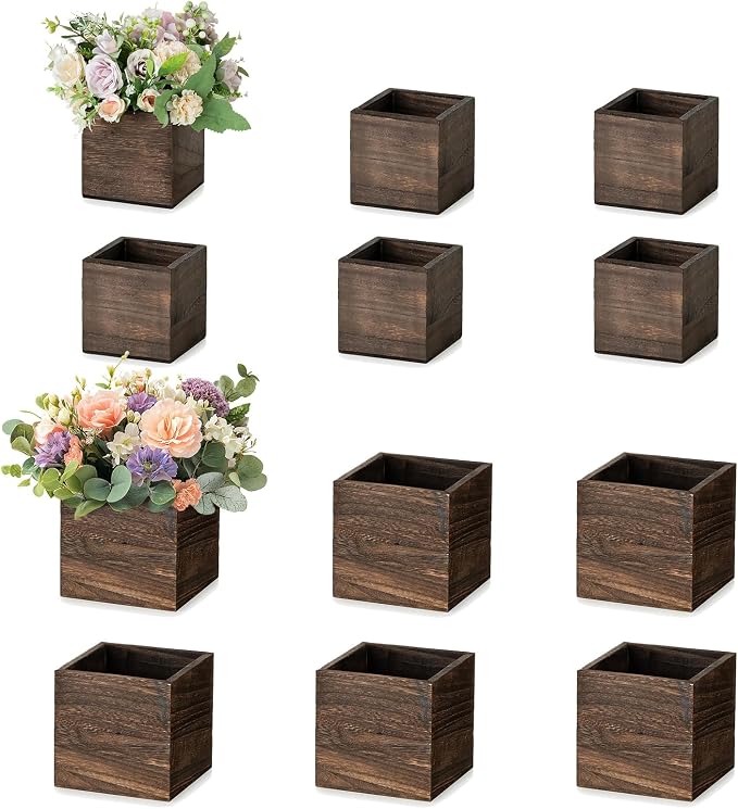 NUPTIO Small Wooden Box for Centerpiece, Brown, Square, 4"/5", 12 Pcs | Farmhouse Wood Vases Planter, for Fall Decor, Windowsill, Home, Garden