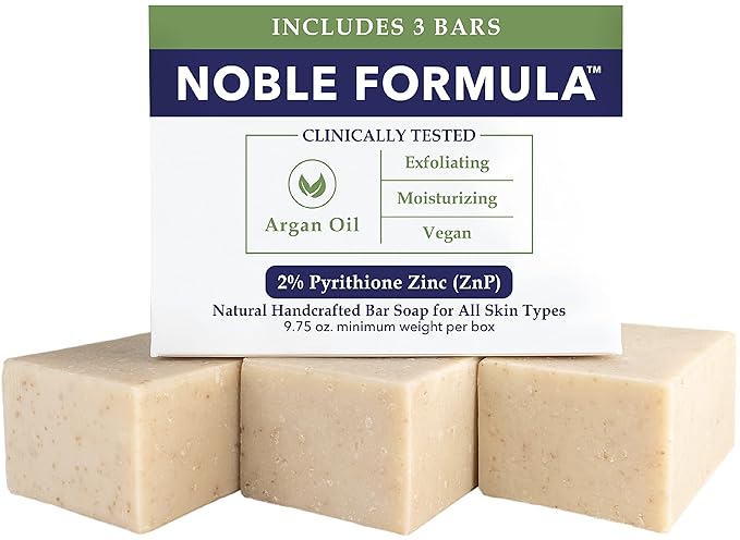 Noble Formula 2% Pyrithione Zinc (ZnP) Olive Oil and Argan Oil Bar Soap, Especially Formulated for Acne, Psoriasis, and Eczema, Safe for Daily Use and All Skin Types, 3 Bars in 1 Box, Total 9.75 oz