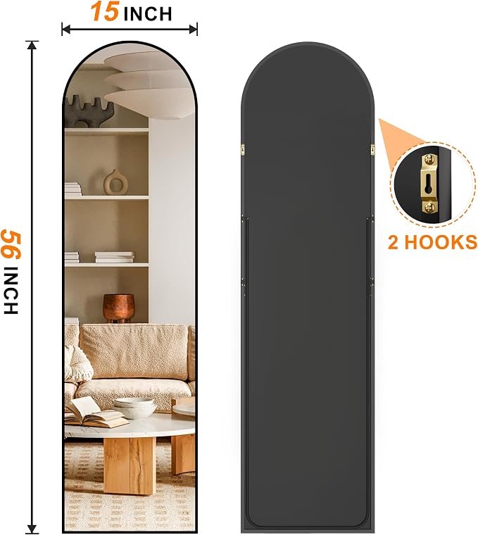 Arched Full Length Mirror, 56"x15" Standing Body Mirror for Wall, Black | Built-in Stand, HD Shatterproof Glass, Aluminum Alloy Frame, Hanging or Standing, for Bedroom, Living Room & Dressing Room