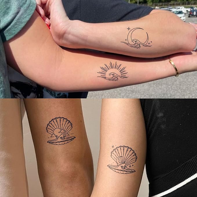 Semi Permanent Tattoo, Long Lasting Tropical Palm Tree Temporary Tattoos For Men Women Arm Calf, Realistic Moon Sun Wave Shell Fake Tattoo, Waterproof, Non-Reflective, 2 Sheets