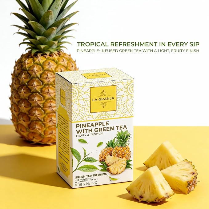 Life Plus Style Gourmet La Granja Pinapple Green Tea Premium Unsweetened Naturally Caffeinated Hot or Iced No Sugar Tropical Pineapple Fruity Gift Green Tea Flavored Individually Wrapped 25 Tea Bags