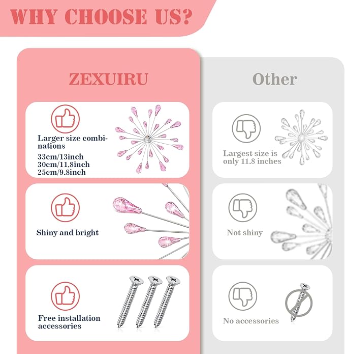 ZEXUIRU 4 Set Silver Starburst Wall Art for Home Decor Metal Bling Crystal Rhinestones Sunburst Wall Decor Sparkling Rhinestone Art Accent -Pink 13in/11.8in/9.8in/9.8in
